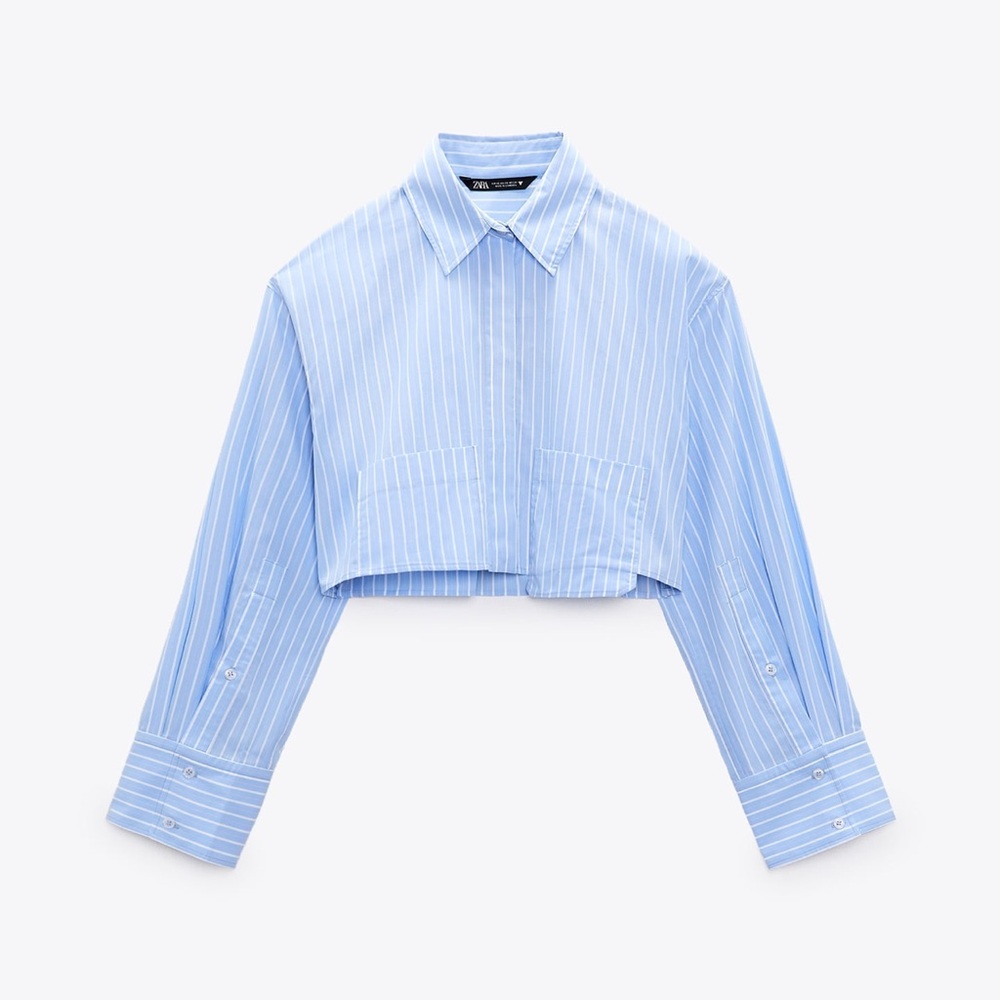 Zara Cropped Light Blue Striped Shirt